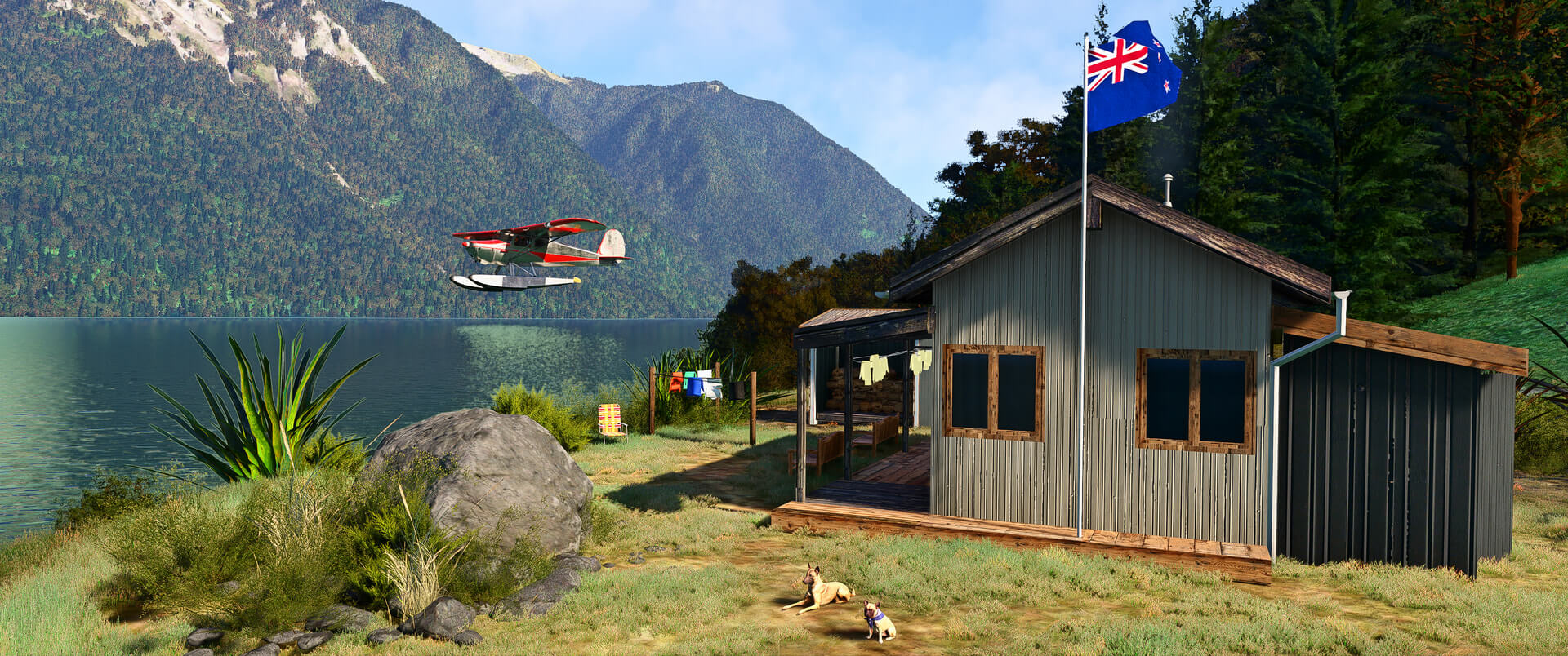 A high-wing propeller aircraft flies through a valley near a hut in New Zealand