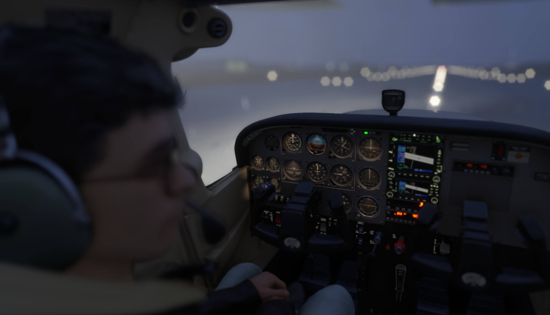 The view from a Cessna lined up for takeoff at night