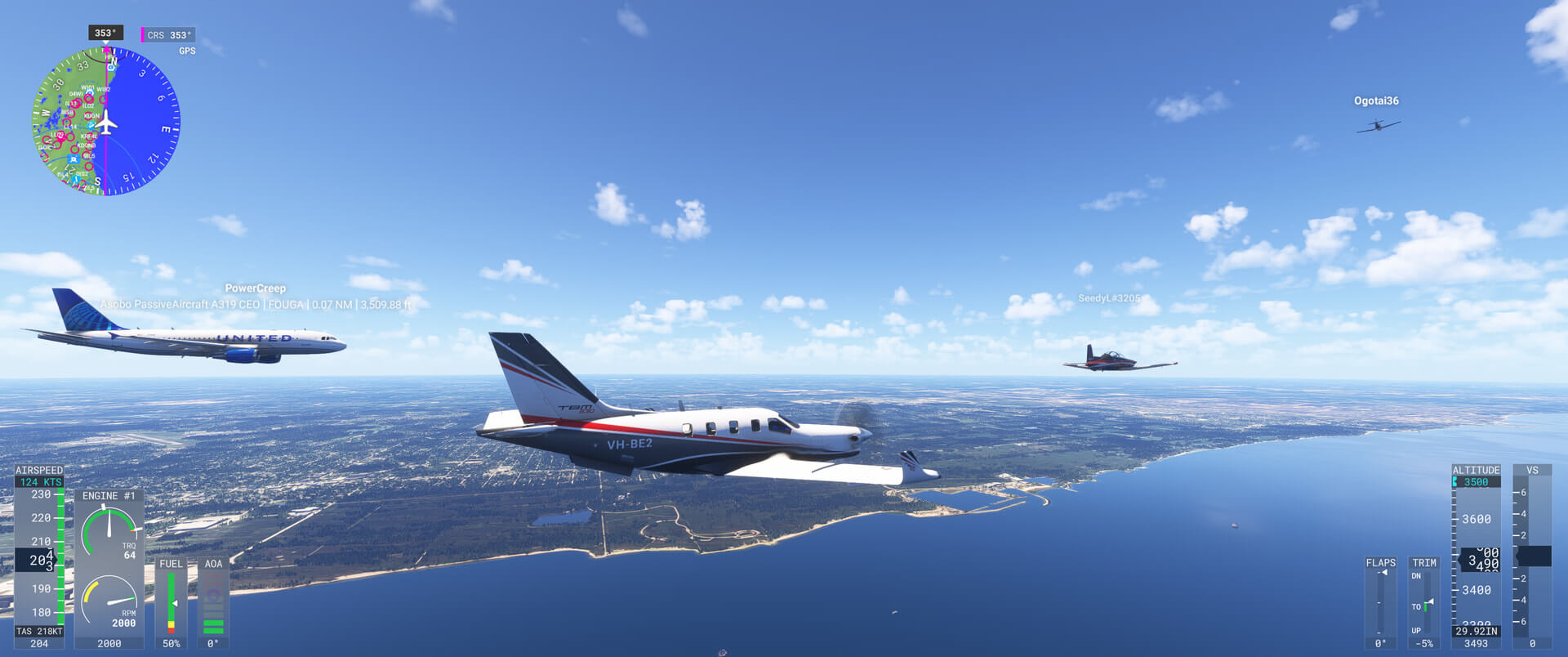 A group of planes flying in close formation along a coastline