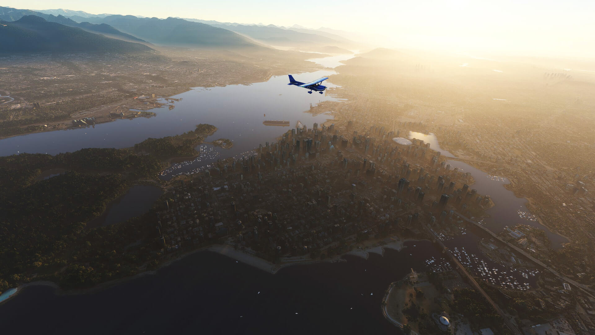 A blue Cessna 172 flies over a city during sunset