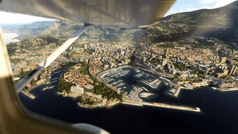 The view from the cabin of an aircraft flying over Monaco city