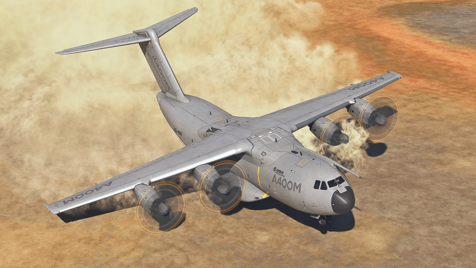 An Airbus A400M rotates on a sand runway