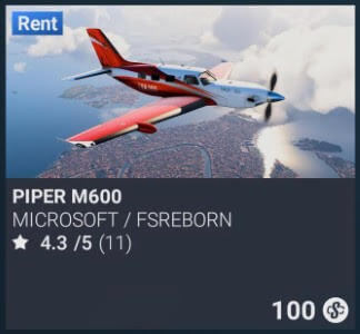 Piper M600 by Microsoft / FSReborn. 100 Simverse Coins