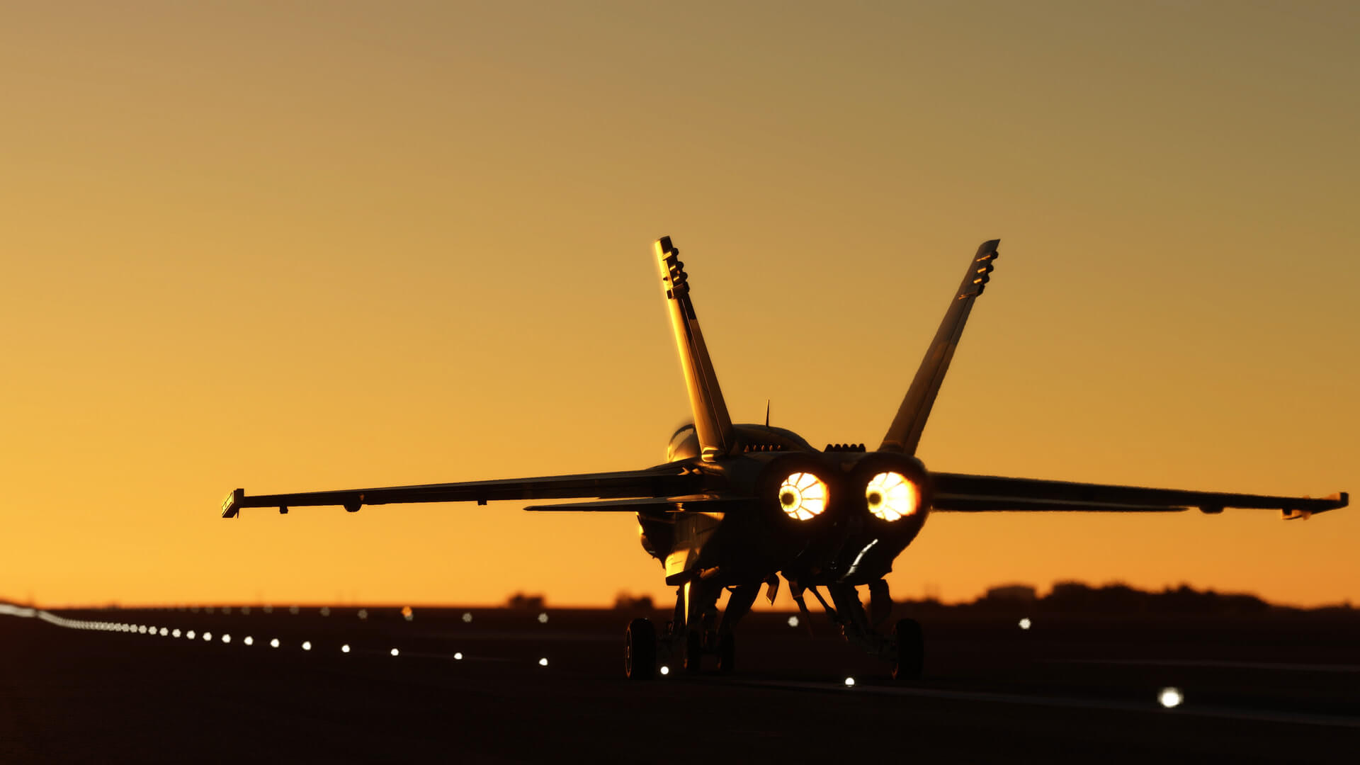 An F/A-18 Super Hornet about to takeoff into the sunset
