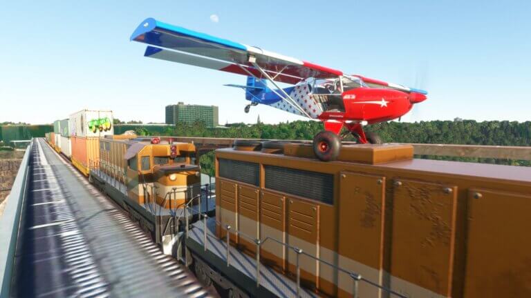 A screenshot from ARROW2929 (Twitter) showing a plane landing on top of a train