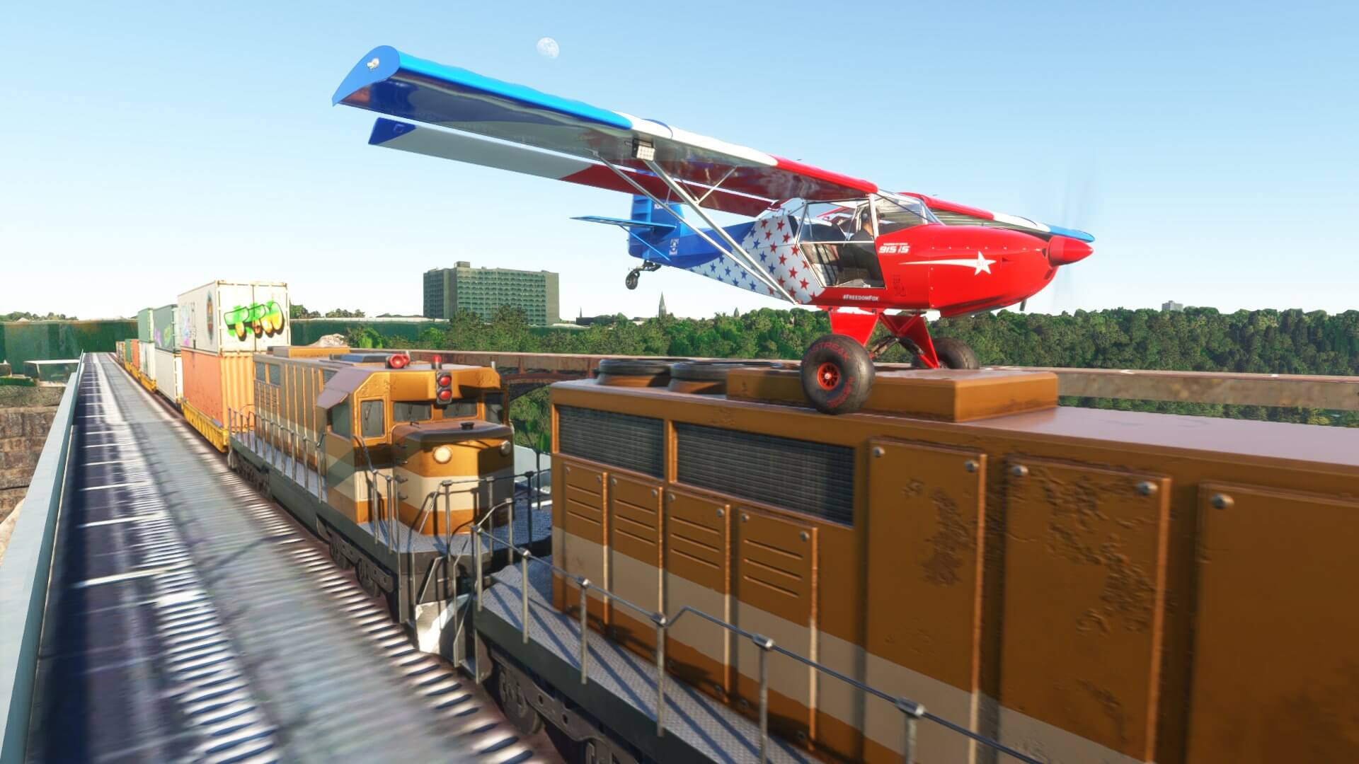 A screenshot from ARROW2929 (Twitter) showing a plane landing on top of a train