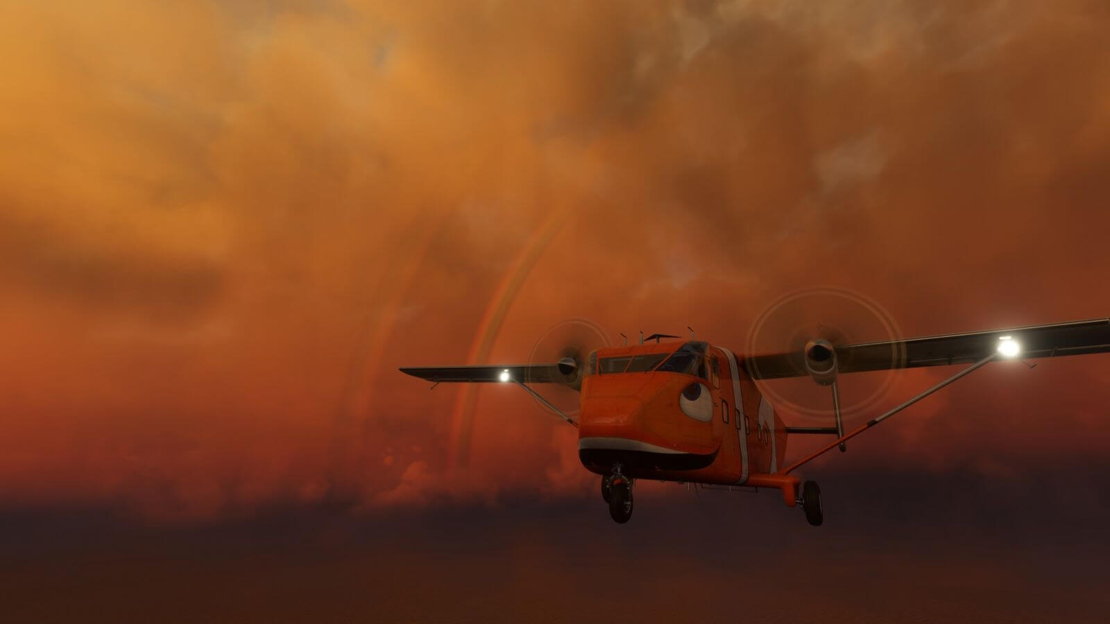 An orange skyvan flies near thunderstorms with two rainbows in view behind