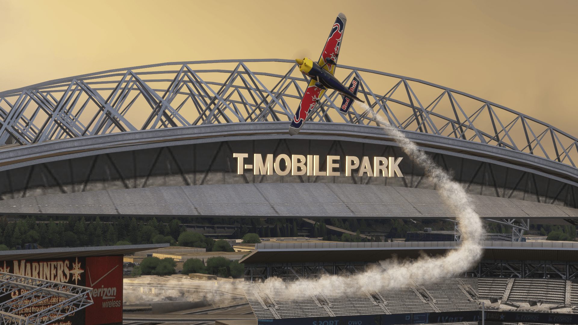 A screenshot from Brandelinium (Discord) showing an aerobatic aircraft with smoke on performing maneuvers over Seattle's T-Mobile Park