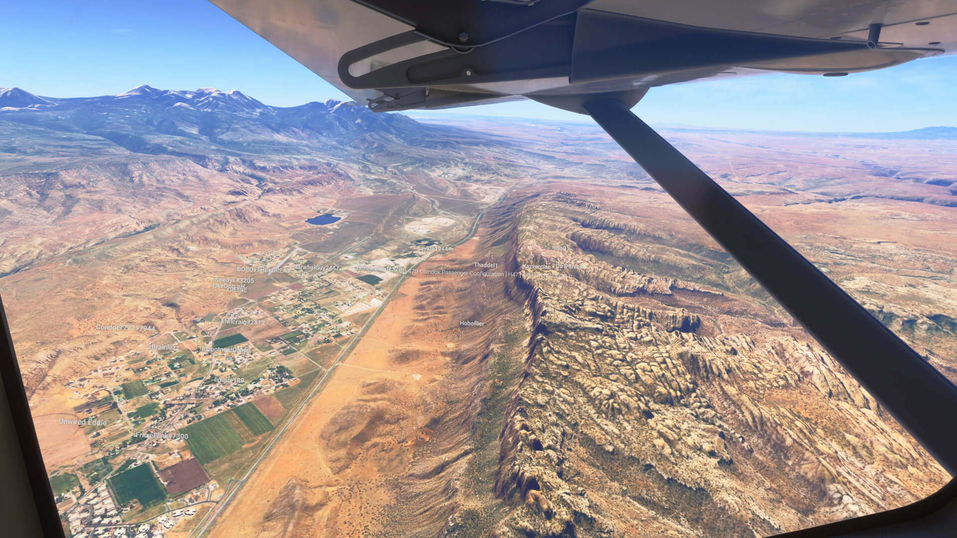 The view from the left wing of an aircraft looking out over a US National Park