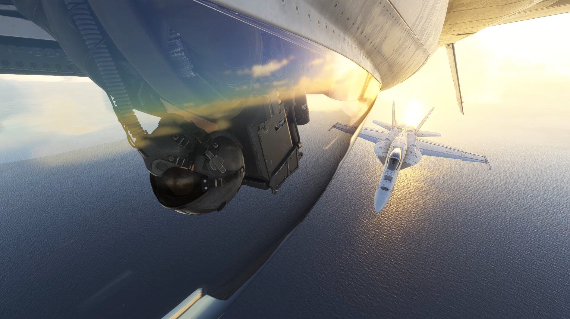 A screenshot from CpuGeta486 (Twitter) showing two F/A-18 Super Hornets flying together with one inverted on top of the other