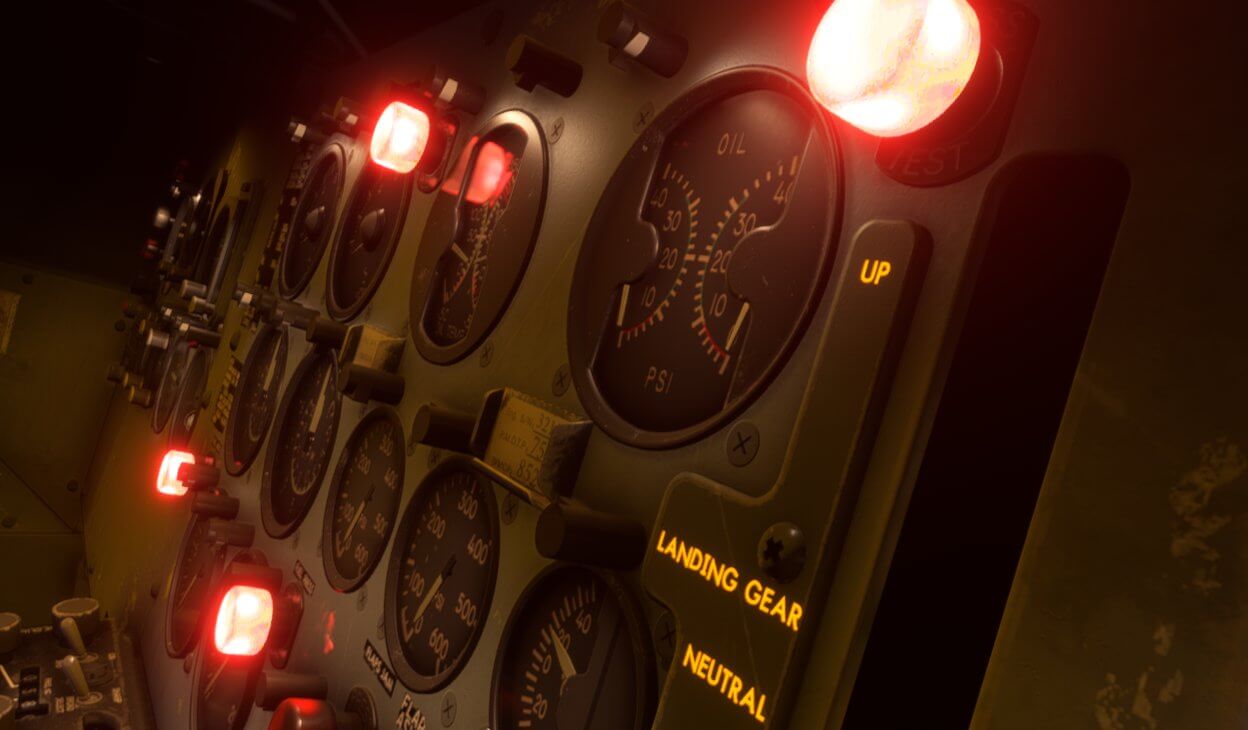 Cockpit warning lights lit up in red