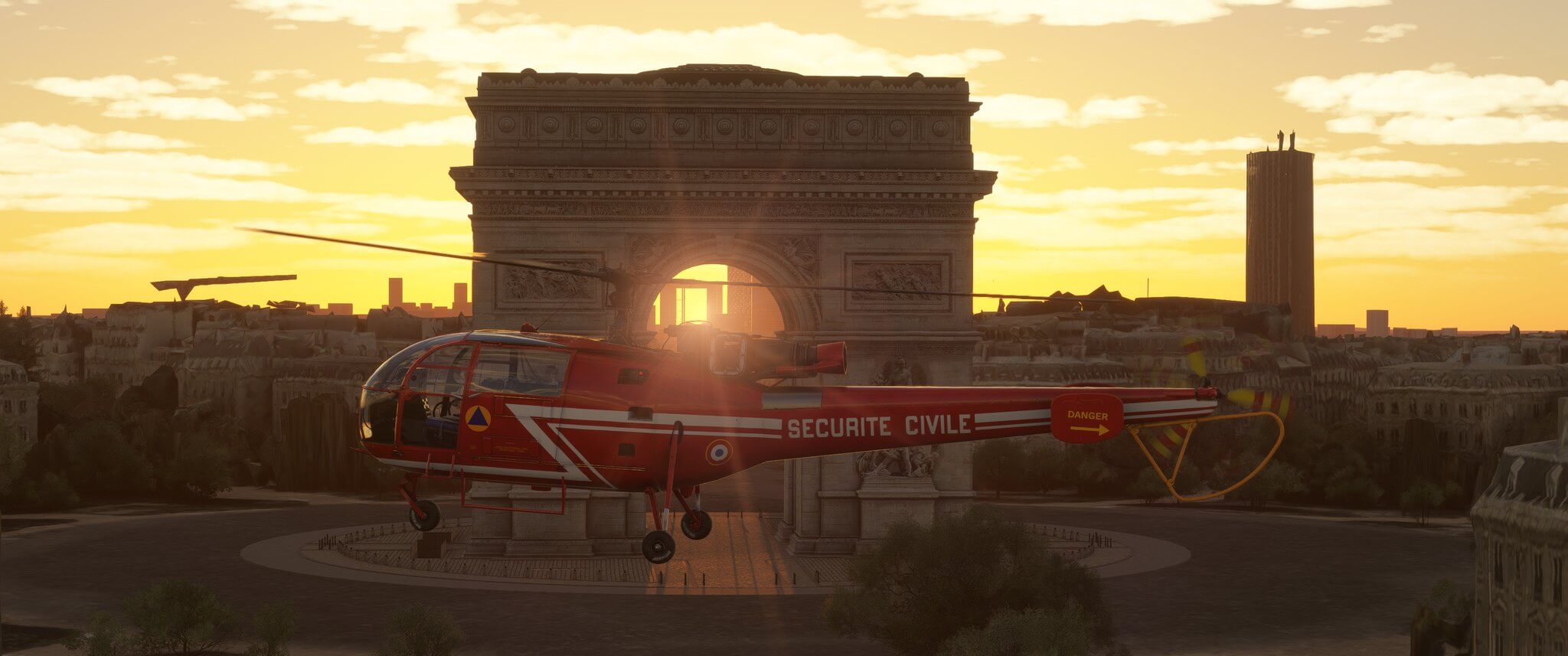 A red helicopter hovers near the Arc de Triomphe, Paris
