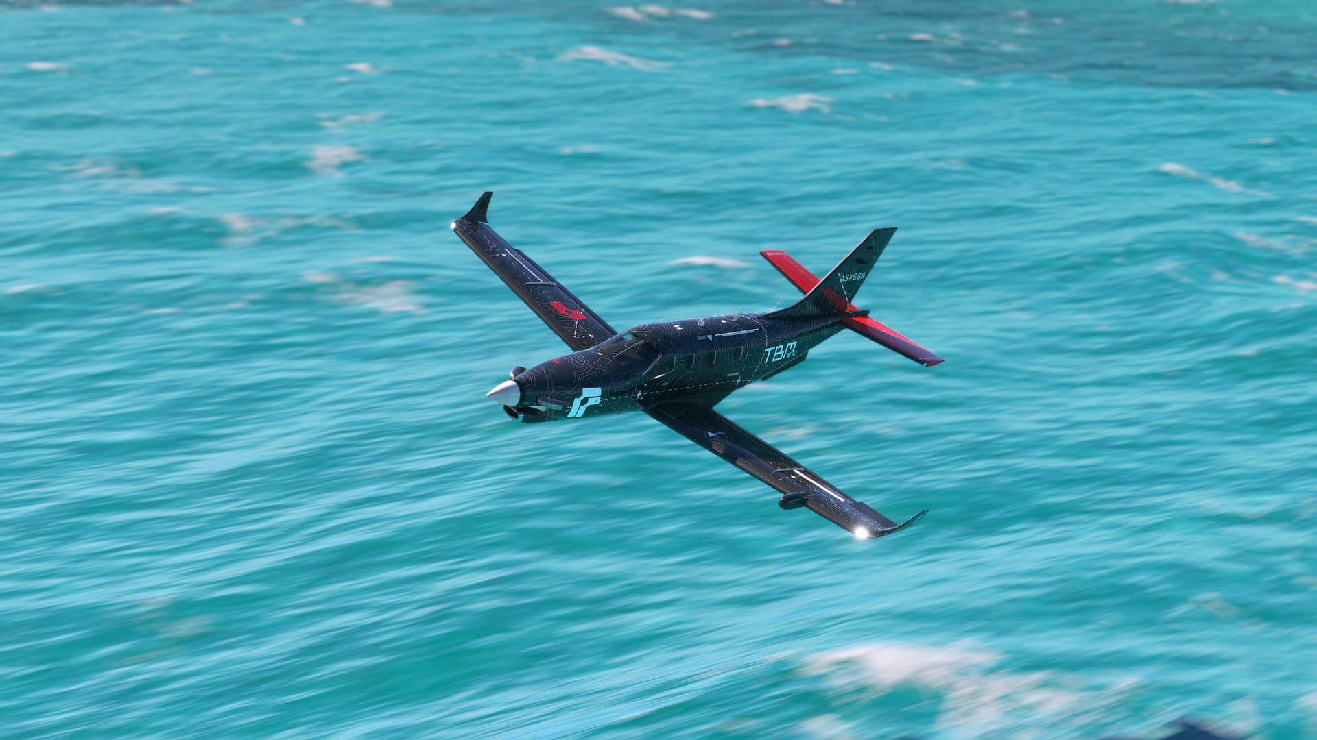 A screenshot from FuriousFish807 (Forums) showing a TBM 930 flying low over the water