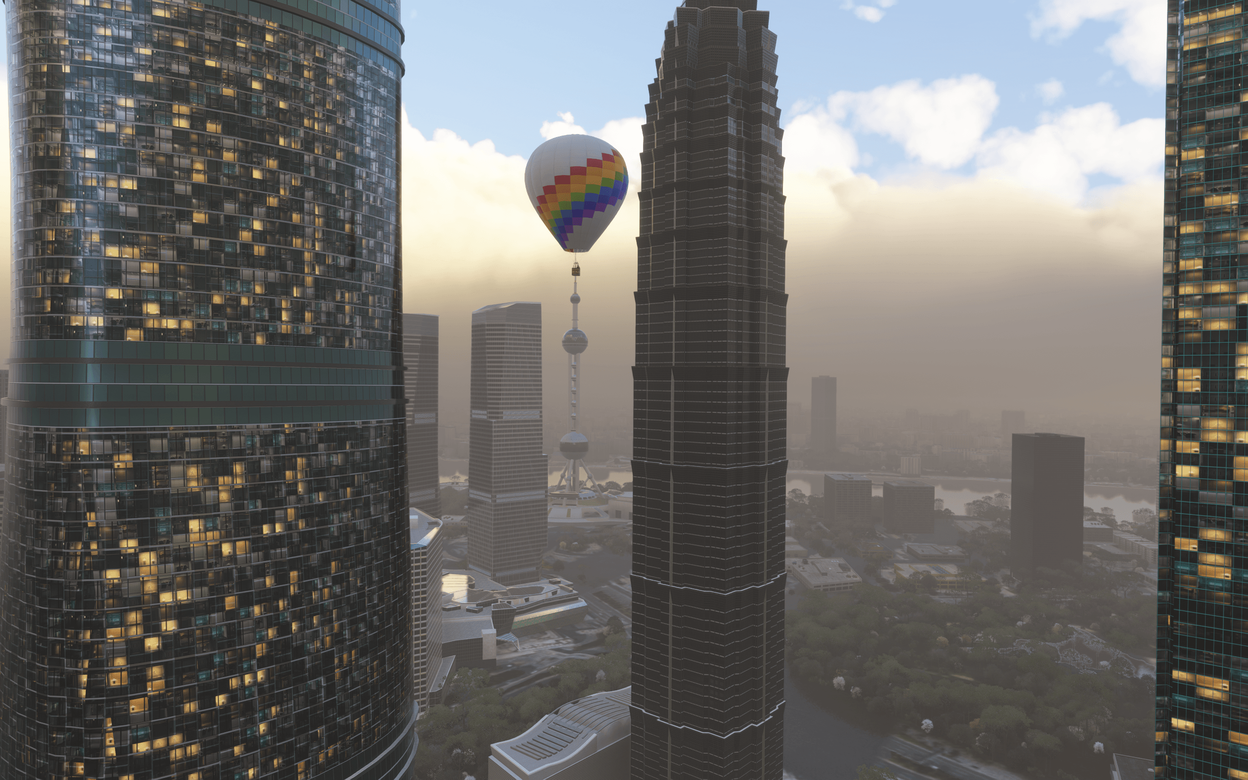 A screenshot from Gutterslush (Discord) showing a hot air balloon flying among the skyscrapers in Shanghai