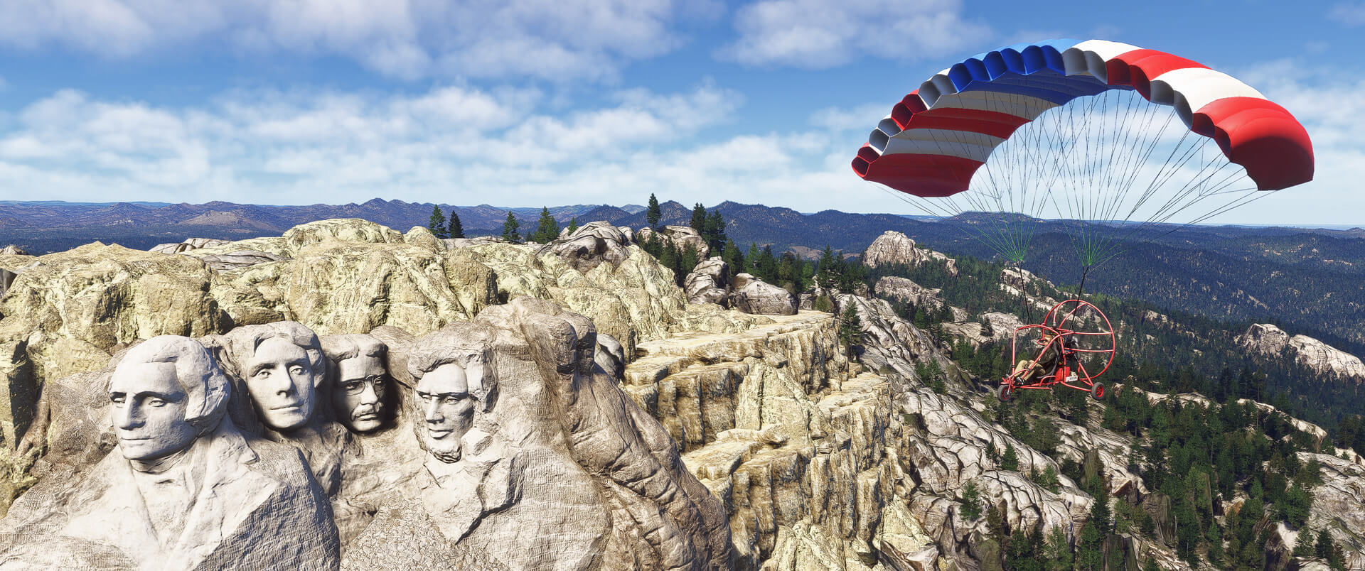 A gyrocopter flies close past Mount Rushmore