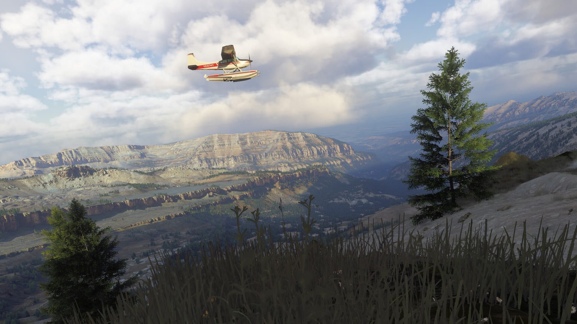 A high wing propeller aircraft flies overhead a US National Park