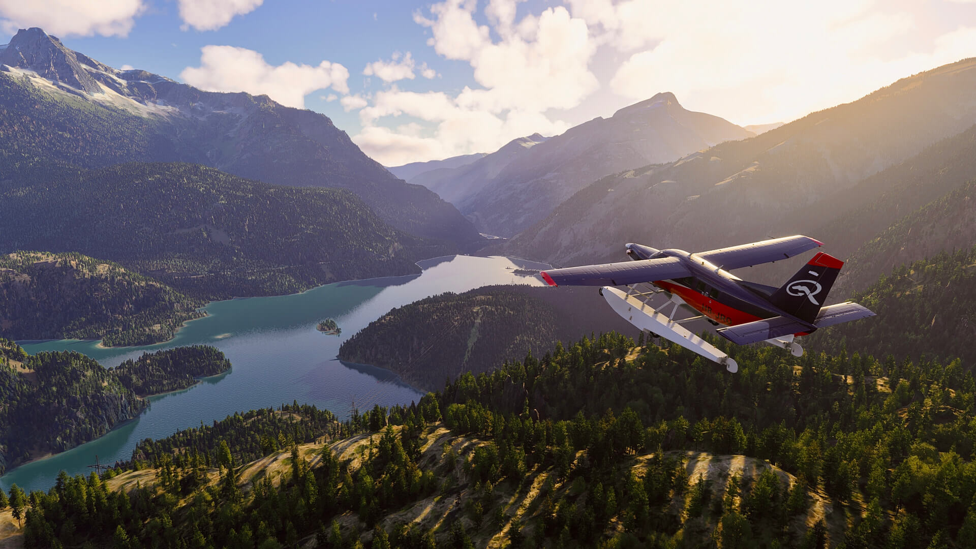 A high wing propeller aircraft flies through the valley of a US National Park