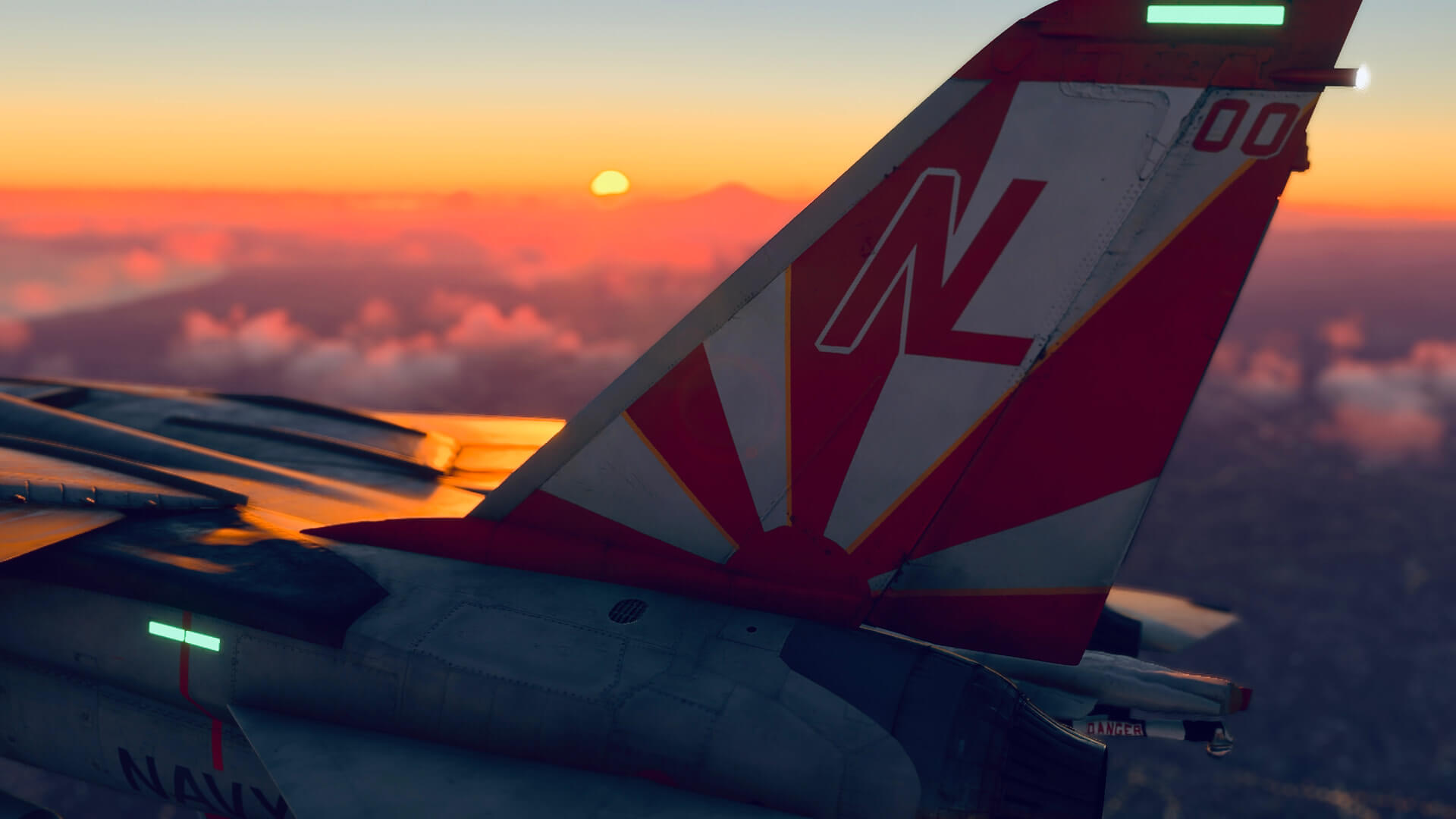 A tail of a Tornado fighter jet with the sun in view setting on the horizon