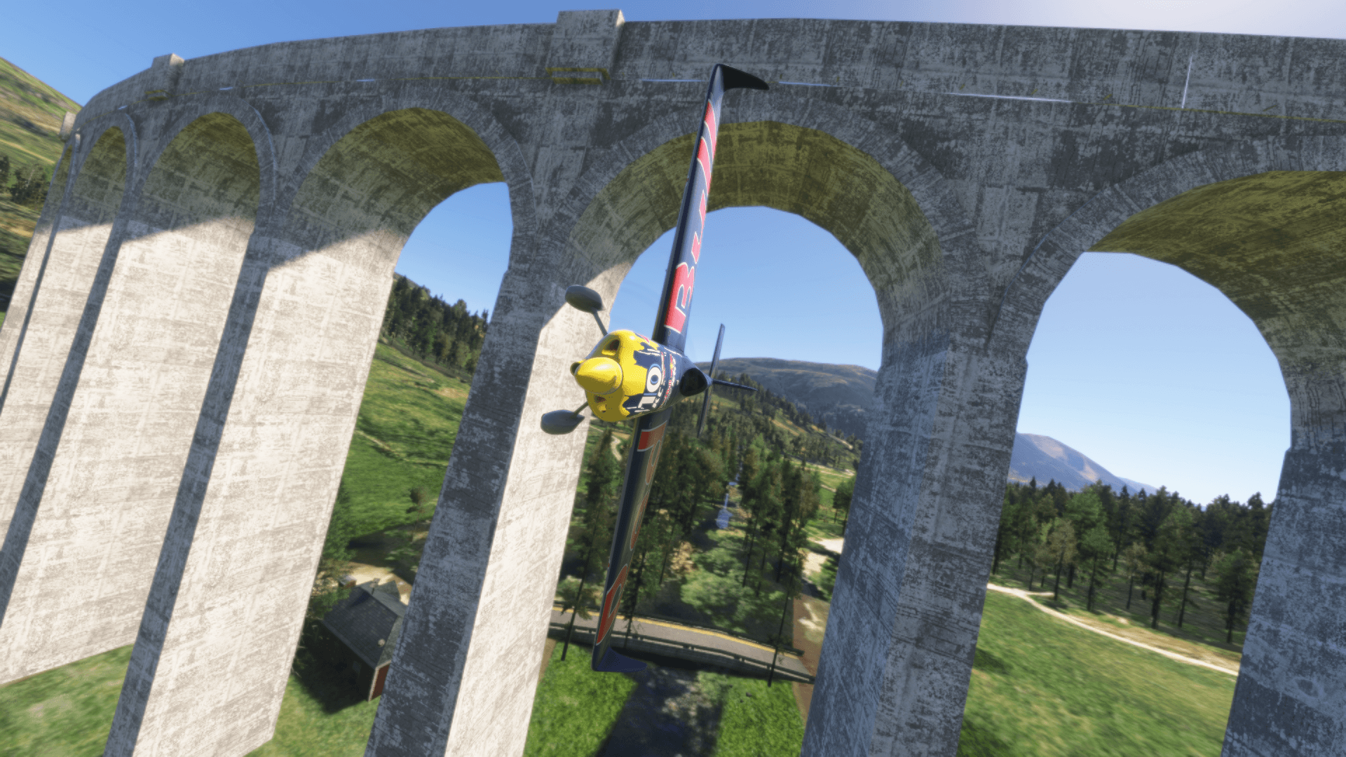 A screenshot from Sea Shanty Productions (Discord) showing an aerobatic aircraft flying under a bridge