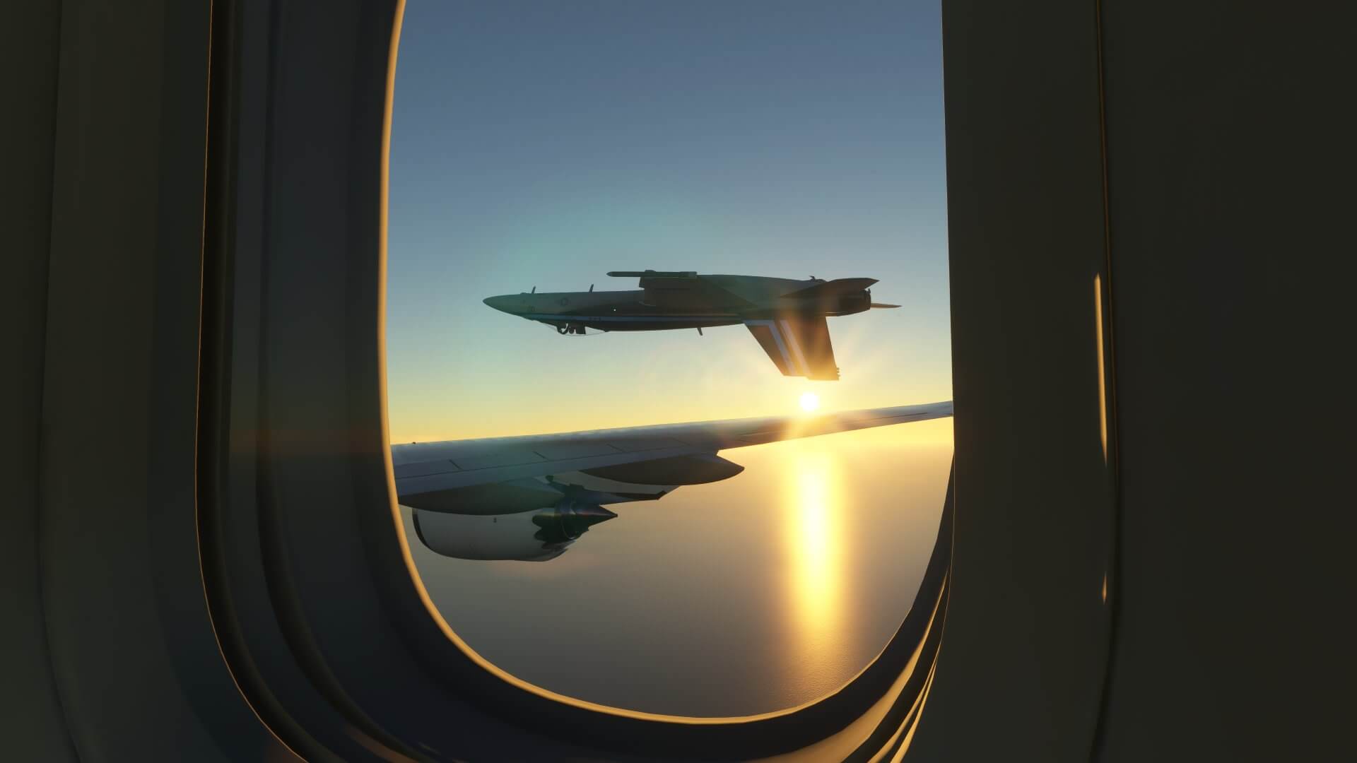A screenshot from Takeru_Toys (Twitter) showing an inverted F/A-18 Super Hornet as seen from the passenger window view of a nearby airliner