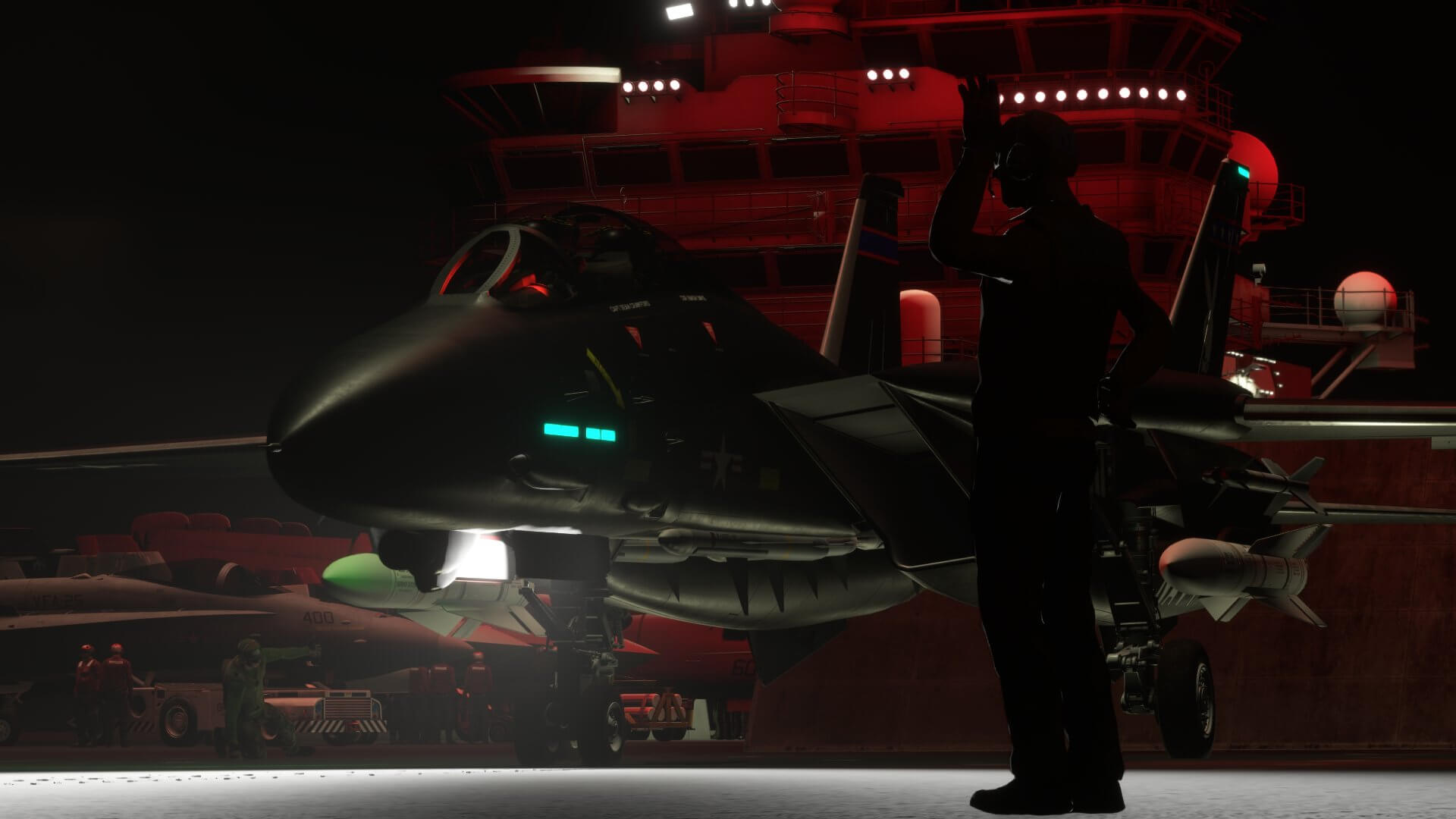 An F14 Tomcat prepares for launching on an aircraft carrier deck