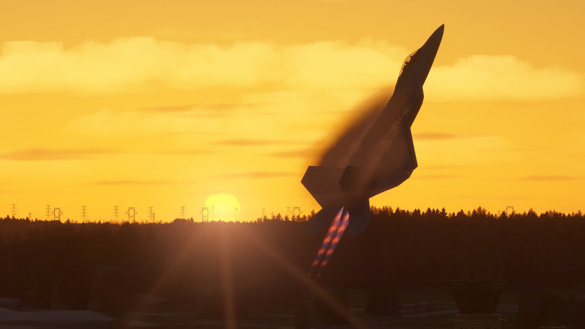 An F-22 steeply climbs up with afterburners engaged during sunset