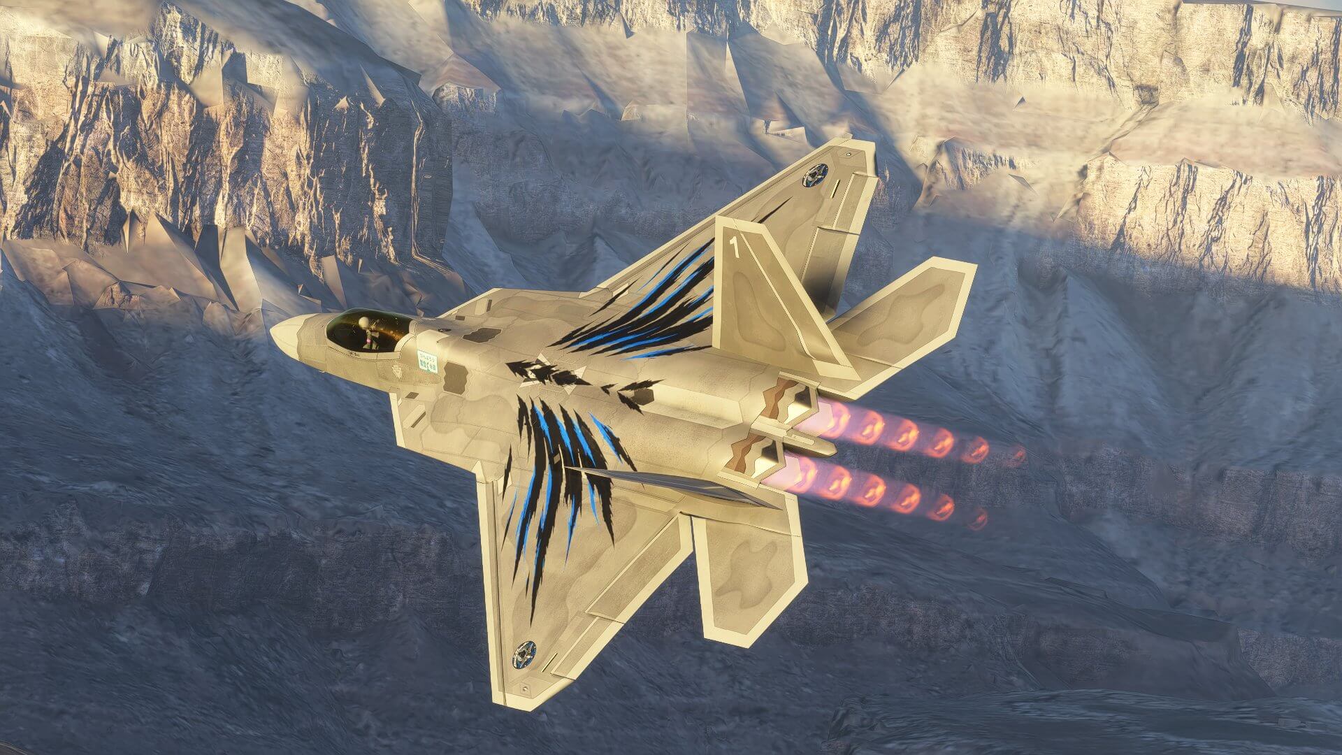 An F22 Raptor banks left with afterburners on