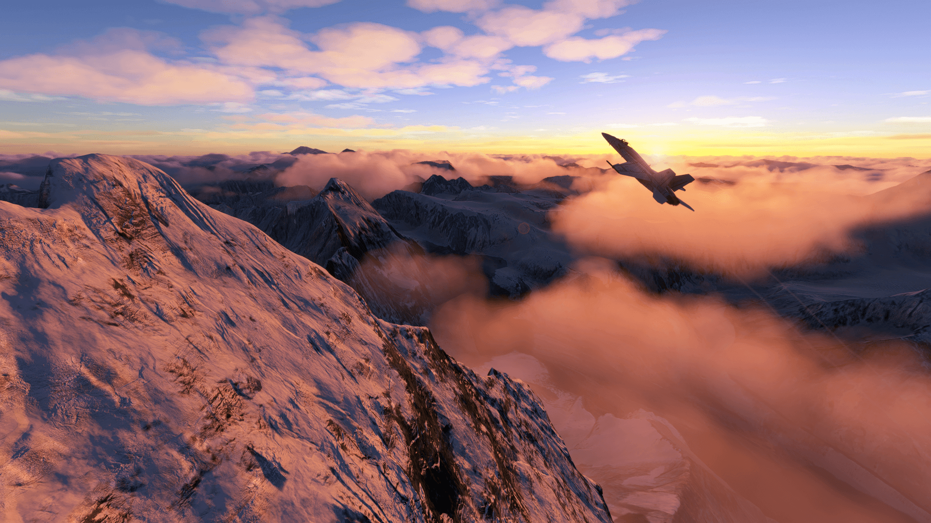 An F/A-18 Hornet climbs steeply to avoid a snowy mountain, with the sun setting on the horizon behind