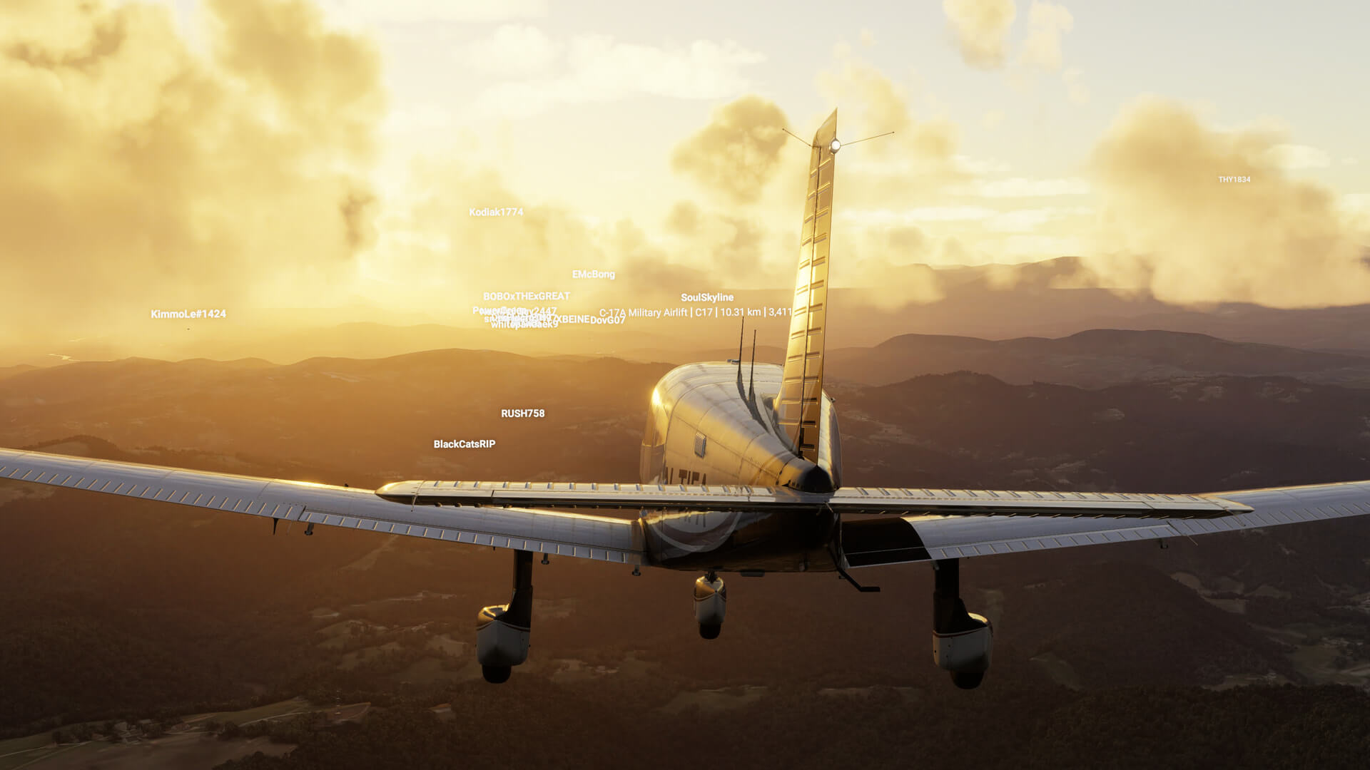 The view from behind an aircraft cruising during a group flight