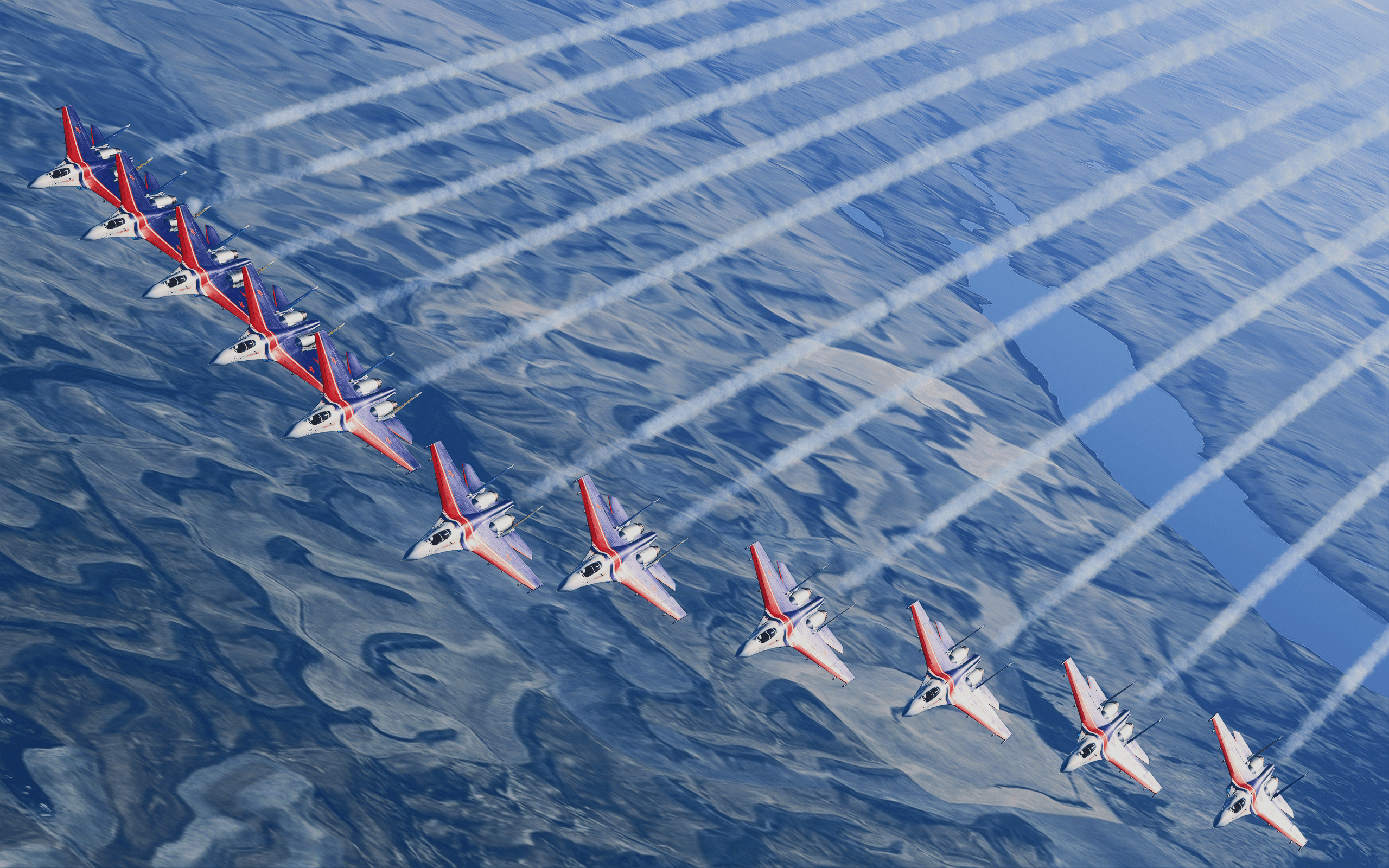 11 fighter jets fly in close formation with smoke trailing from their aircraft