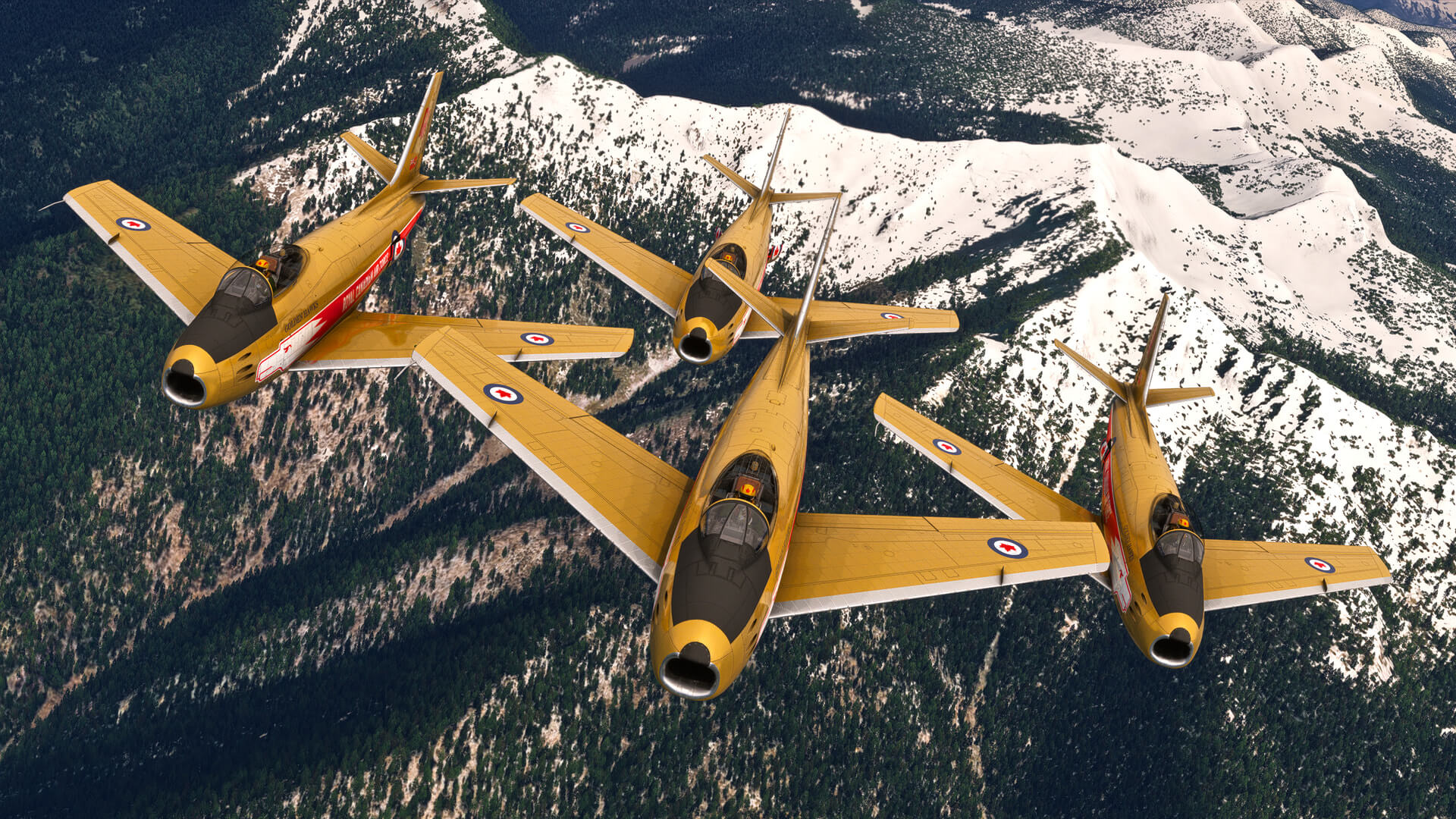Four yellow military jets fly in close formation