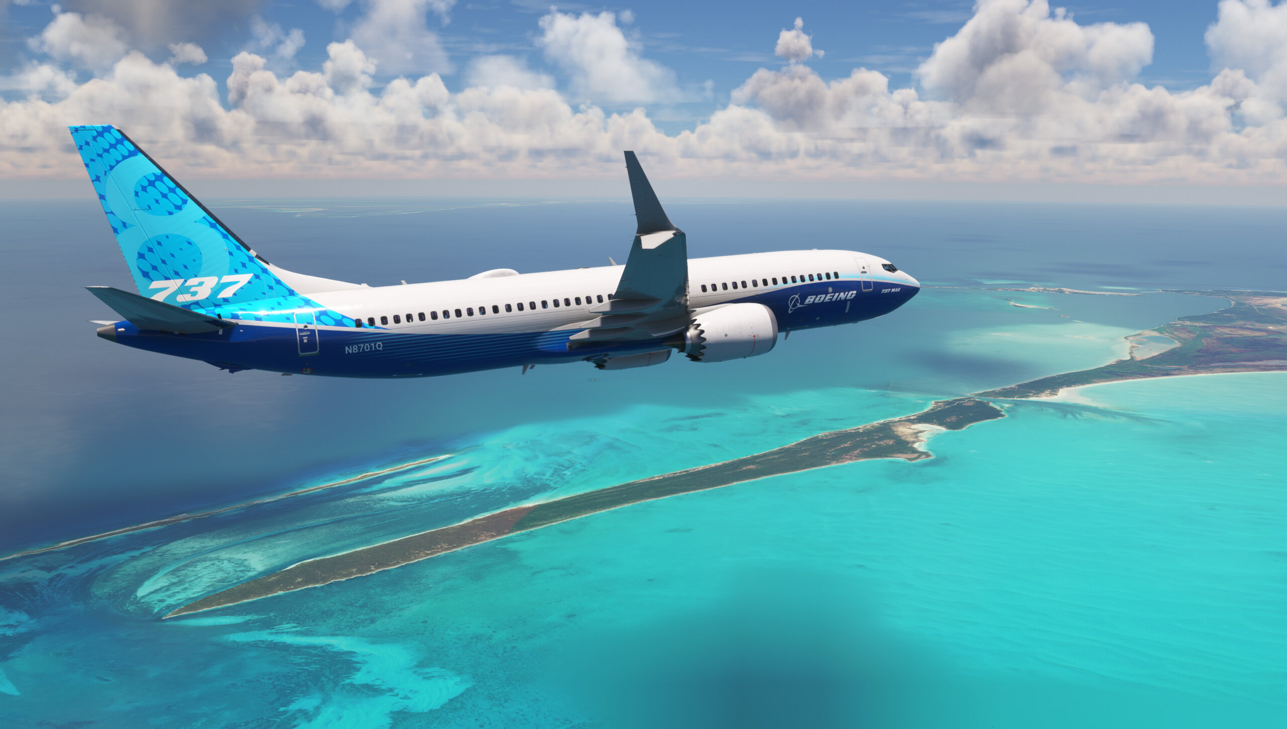 The Boeing 737-8 flying near an island