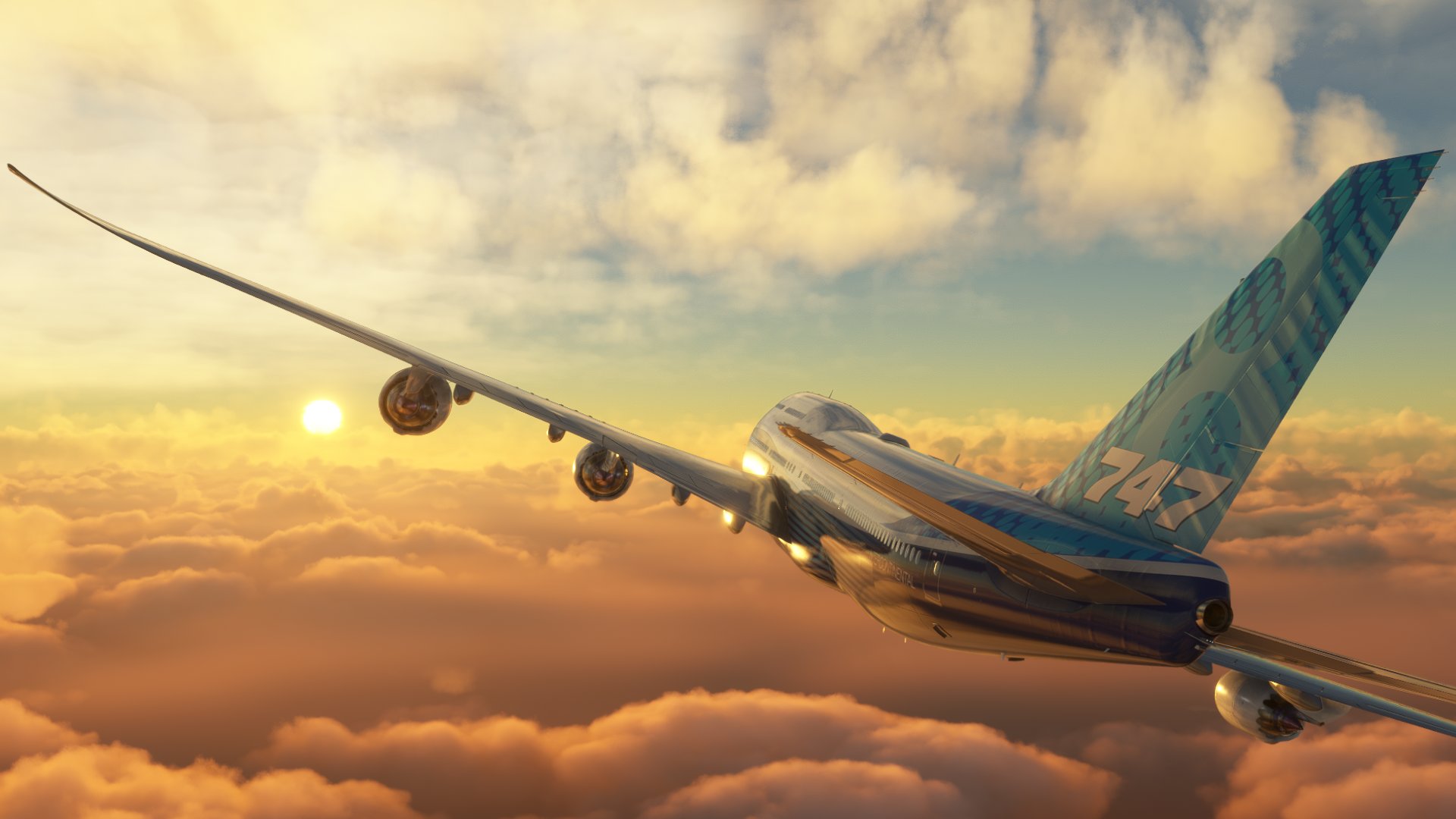 A Boeing 747 banks right in cruise with the sun setting in the distance