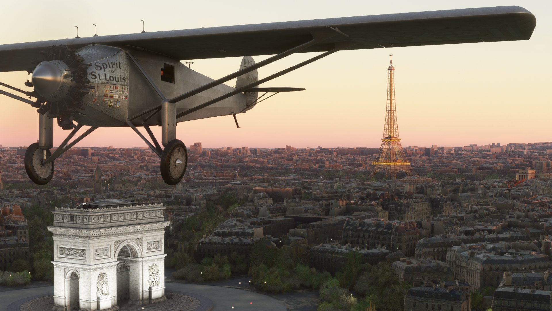 The Spirit of St. Louis flies over Paris, France