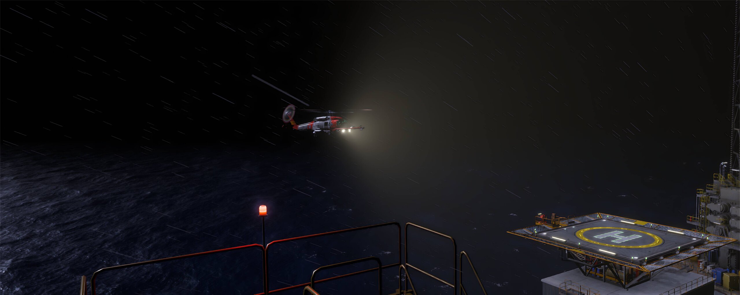A helicopter comes into landing on an oil rig during a rain storm at night