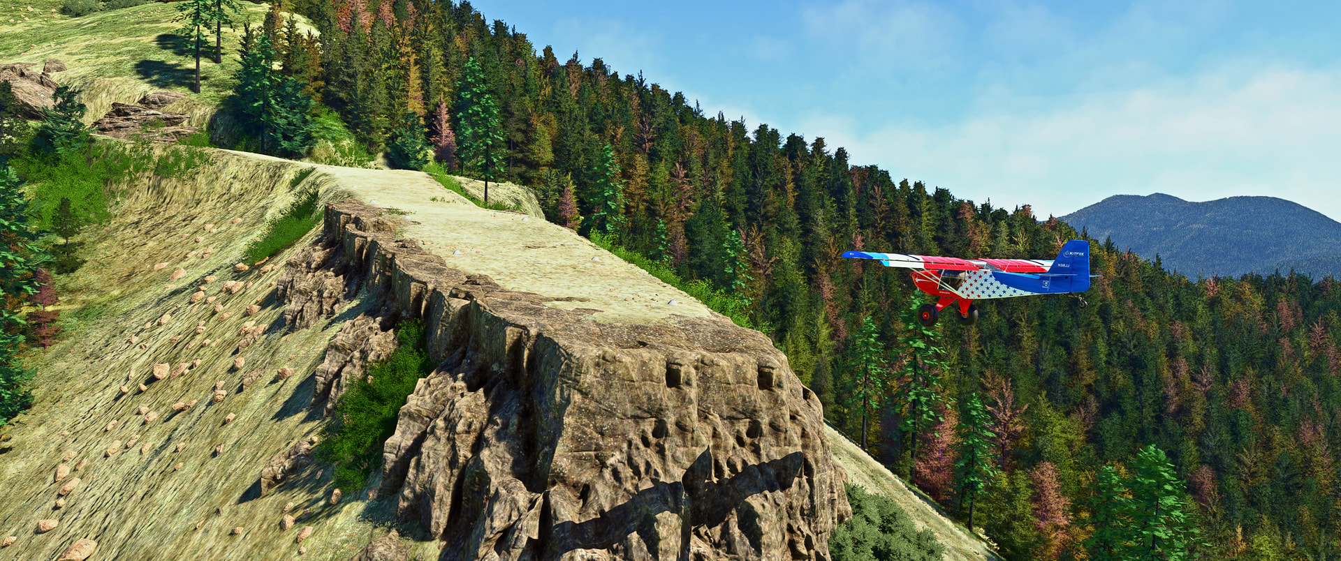A high wing propeller aircraft approaches to land on an incline mountain strip