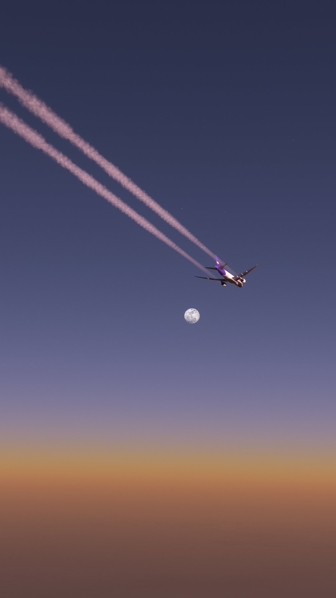 A cargo airliner in cruise after sunset with the moon in view