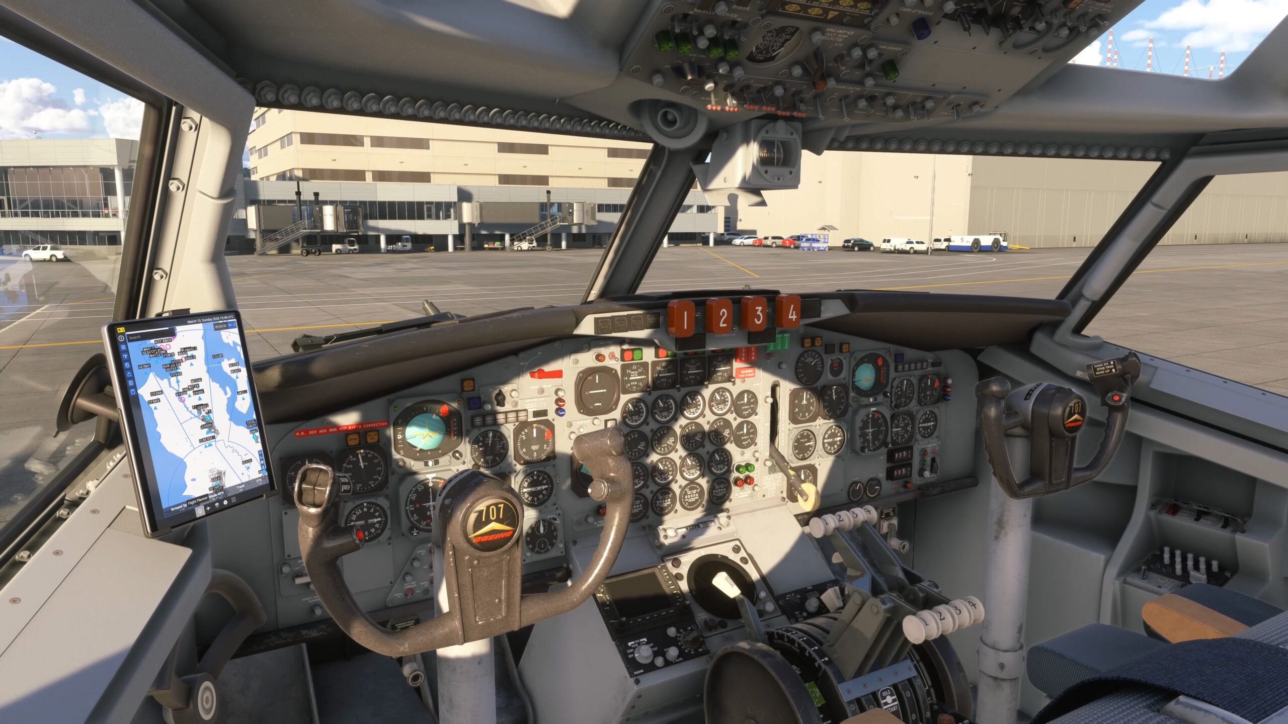 The interior flight deck of a Boeing 707