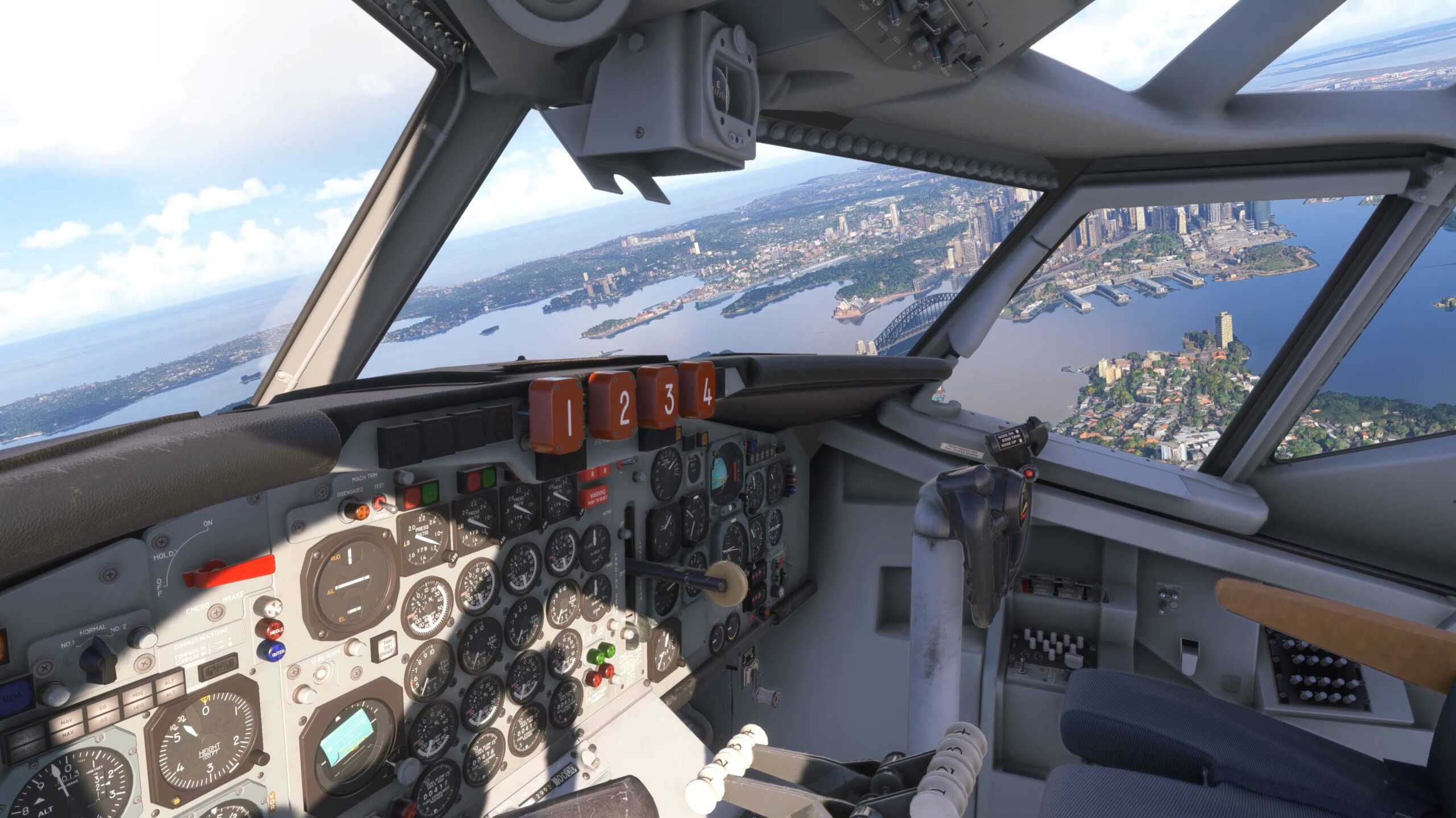 The interior flight deck of a Boeing 707