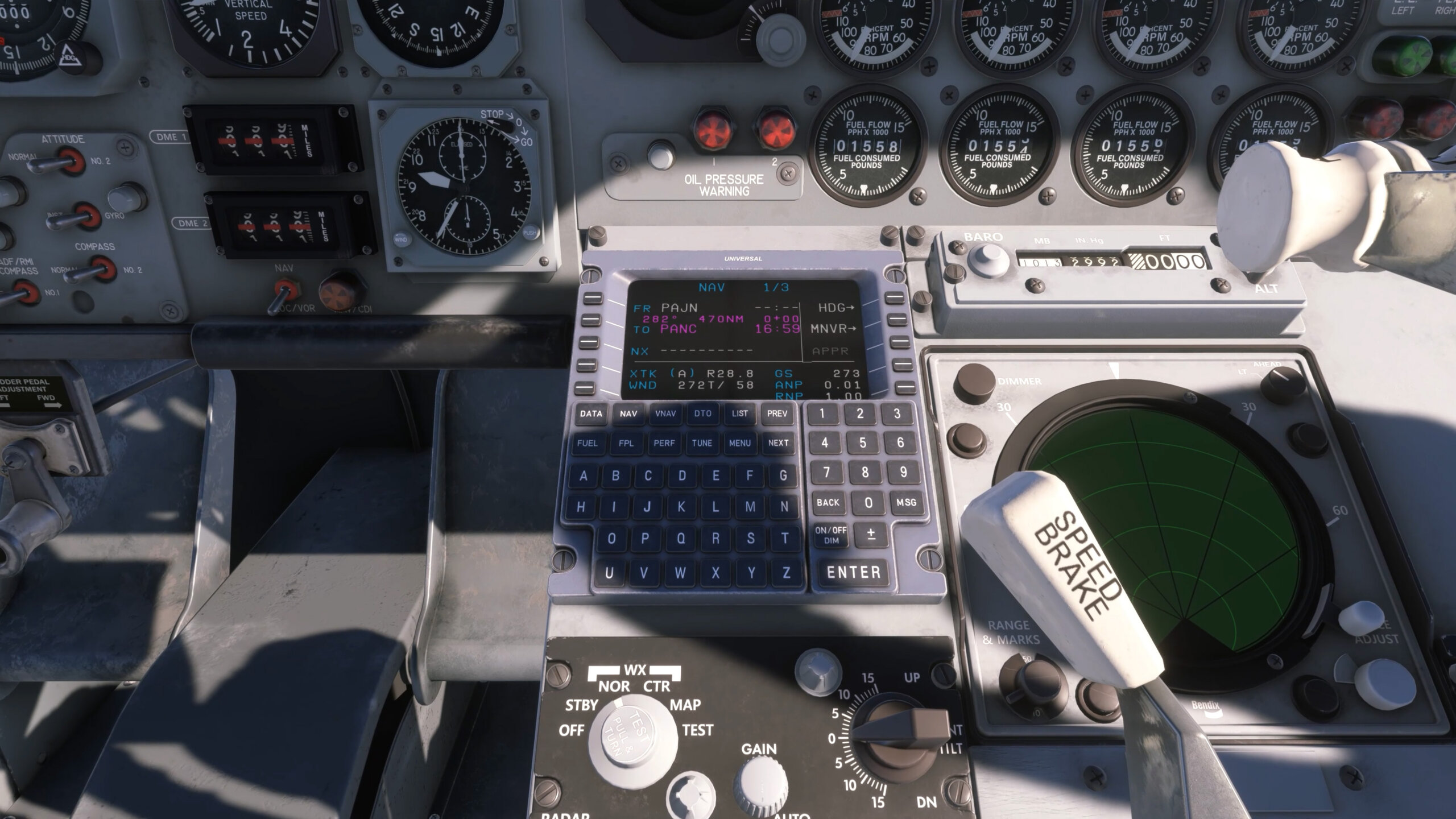 The interior flight deck of a Boeing 707