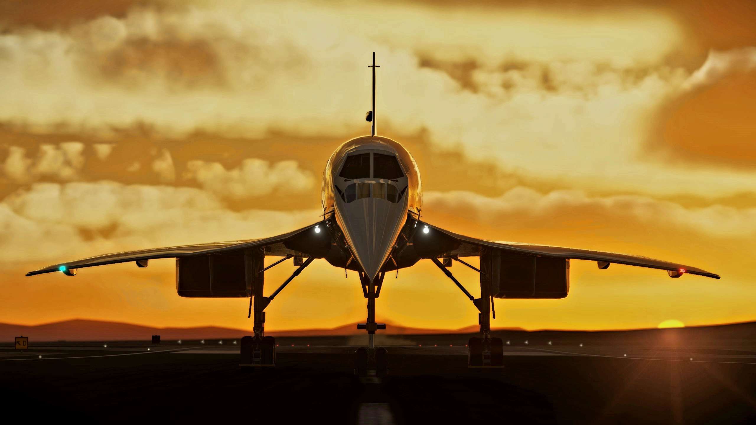 A Concorde lines up for takeoff during sunset