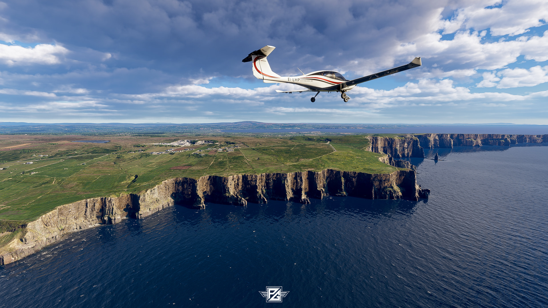 A low wing propeller aircraft flies along a coastline