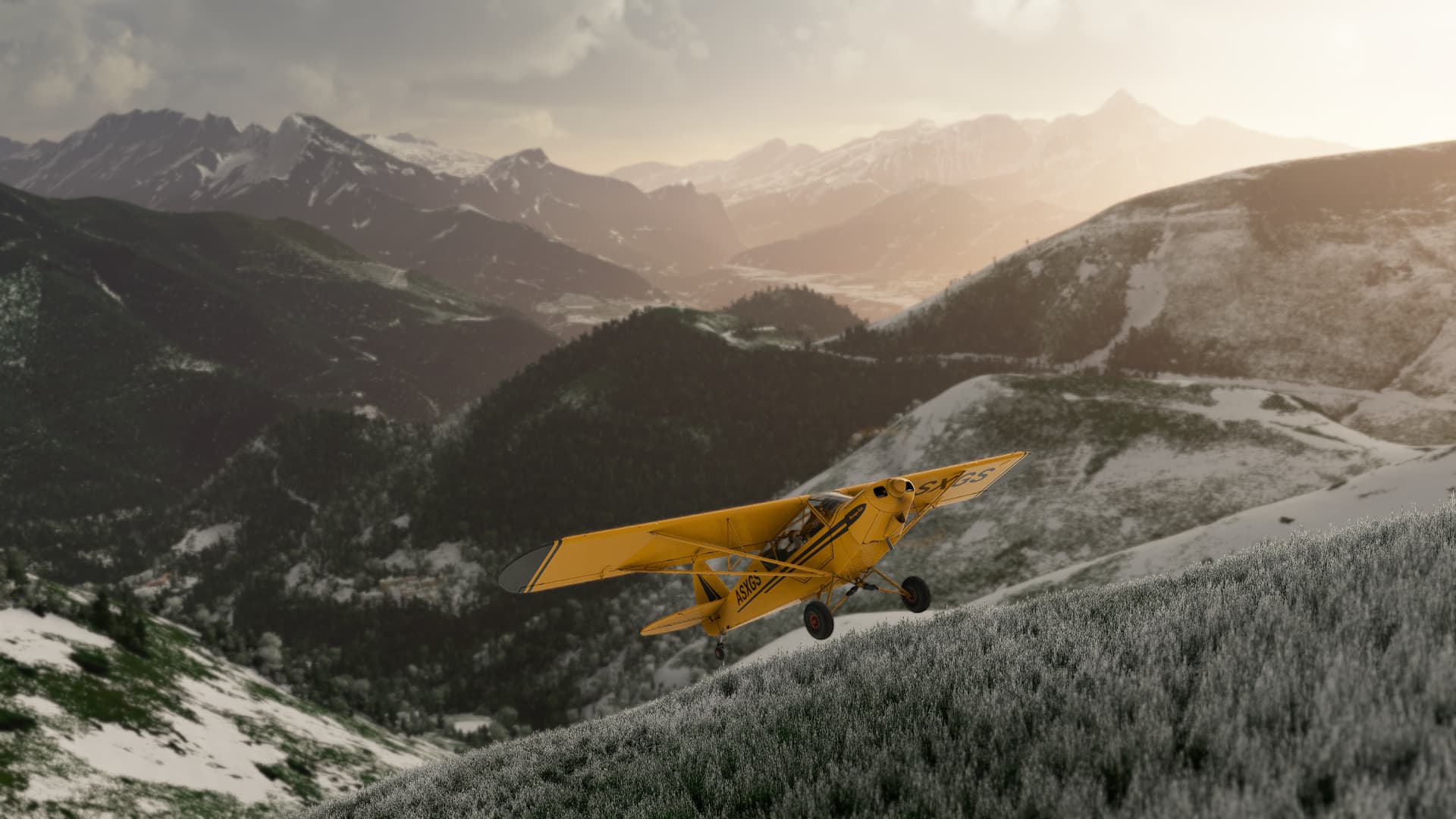 A yellow high-wing propeller aircraft flares to land on a steep hill covered in snow