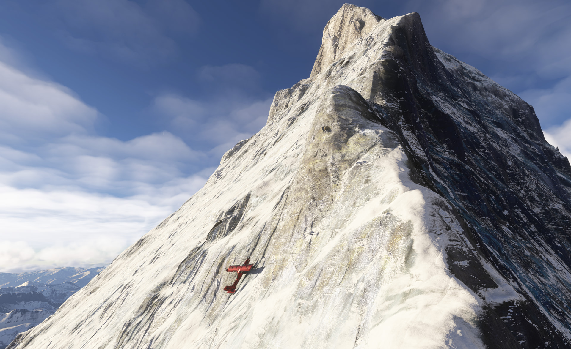 A high wing propeller aircraft perches on the side of a mountain