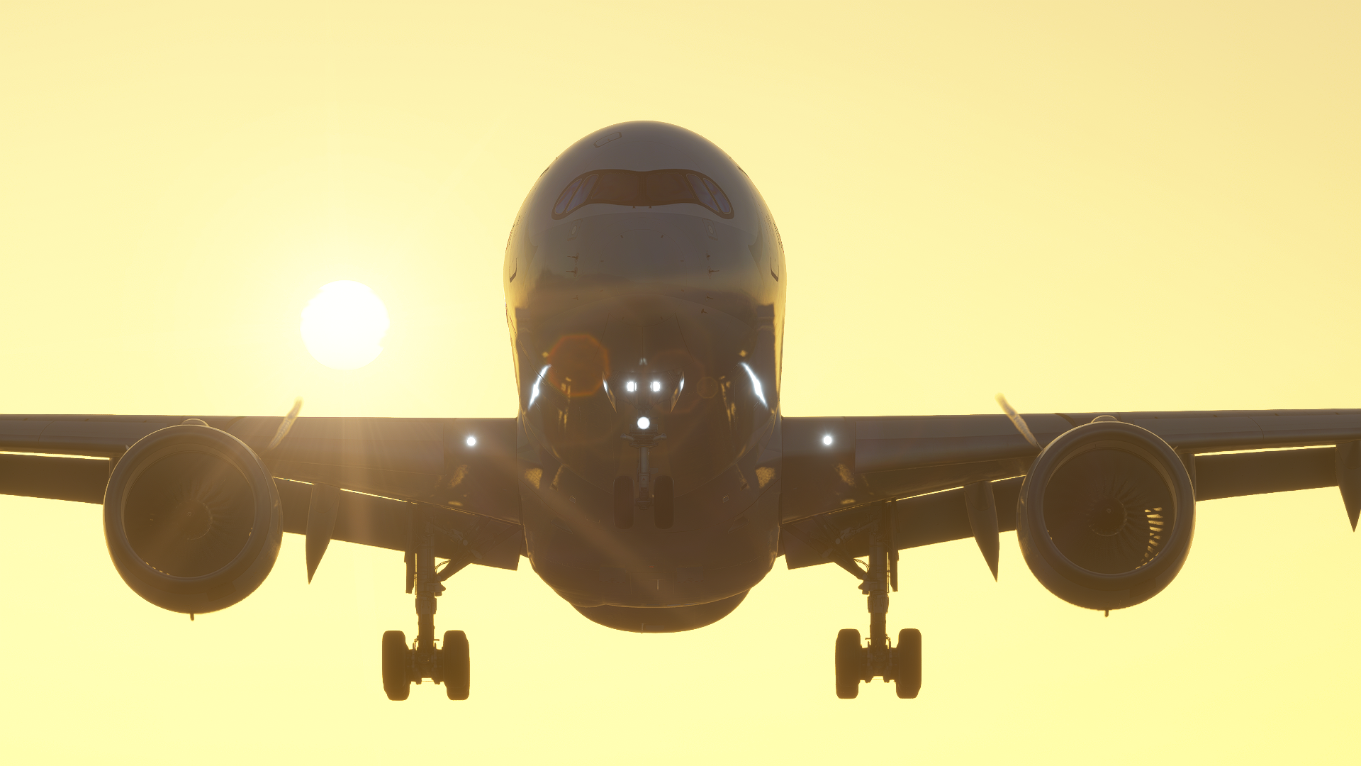 An Airbus A350 head on view coming in for a landing with the sun shining brightly behind