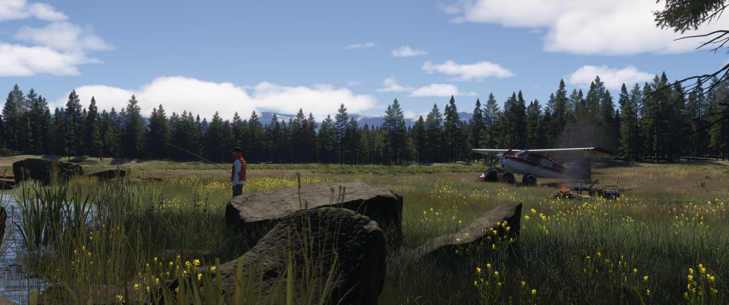 A pilot fishing next to his campfire with his aircraft parked up nearby