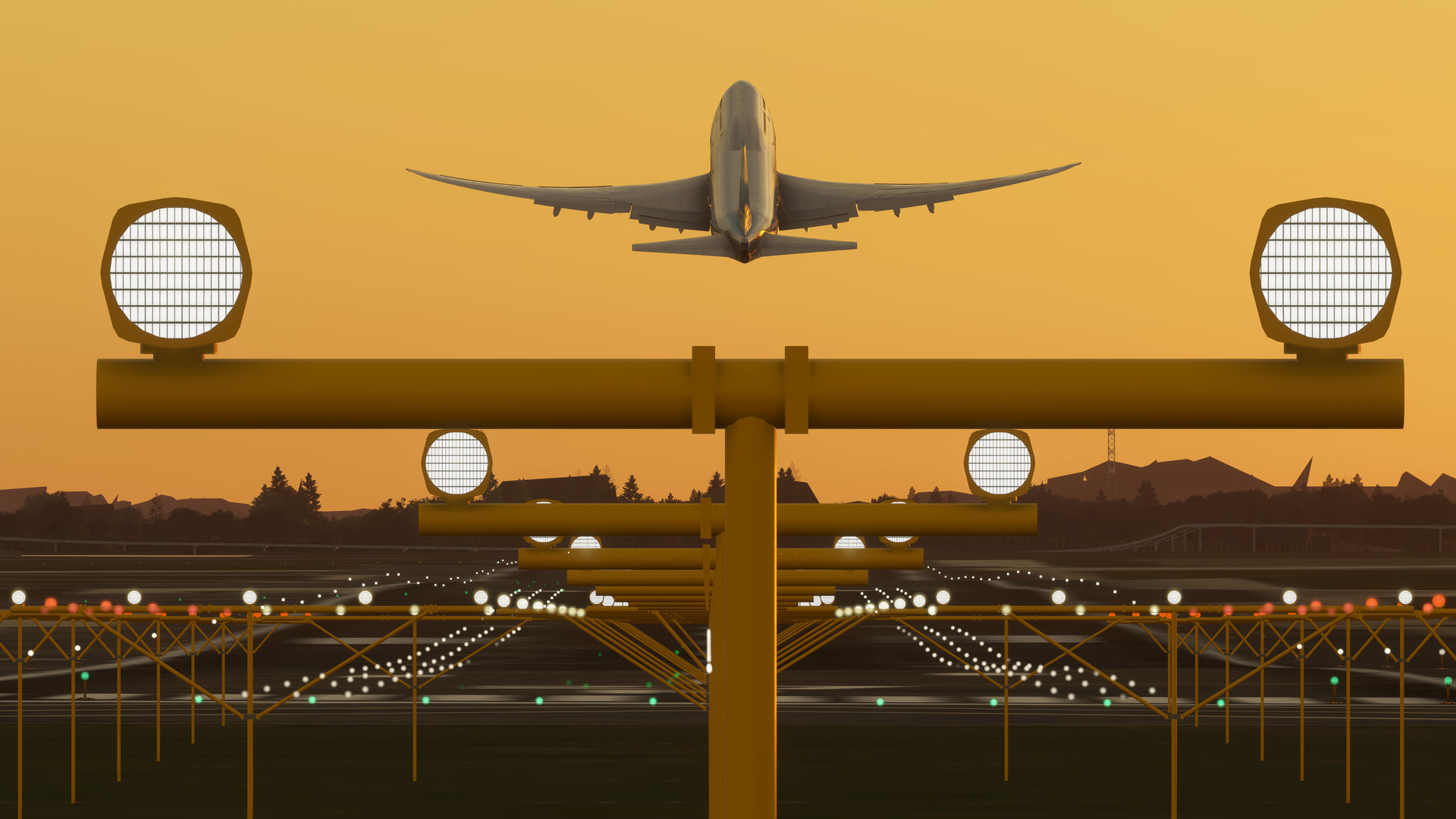 A view down the runway with a Boeing 747 rotating on take off