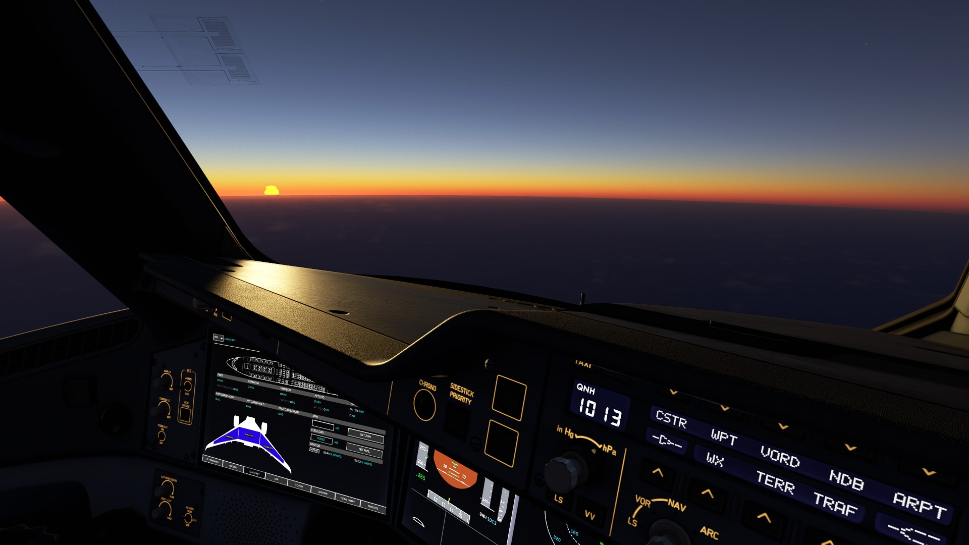 The view from the flight deck of an A350 with the sun setting on the horizon