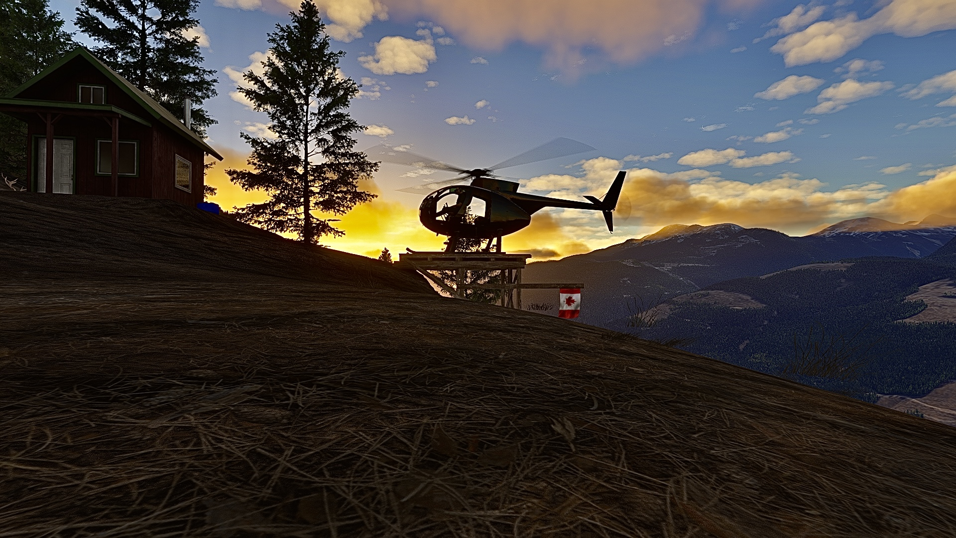A helicopter perches on a wooden platform landing site