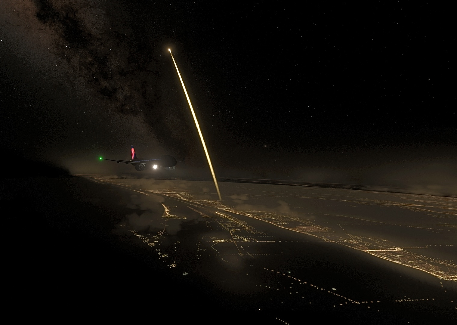 An airliner flies along a coastline at night with a space rocket launch in view behind